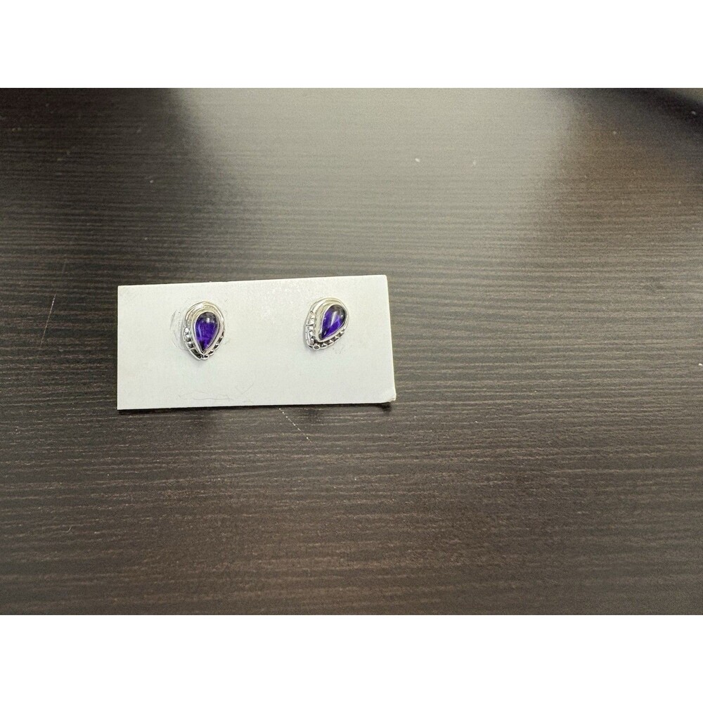 Petite 925 Solid Sterling Silver Genuine Amethyst Bezel Set Post Earrings - Picture 12 of 12